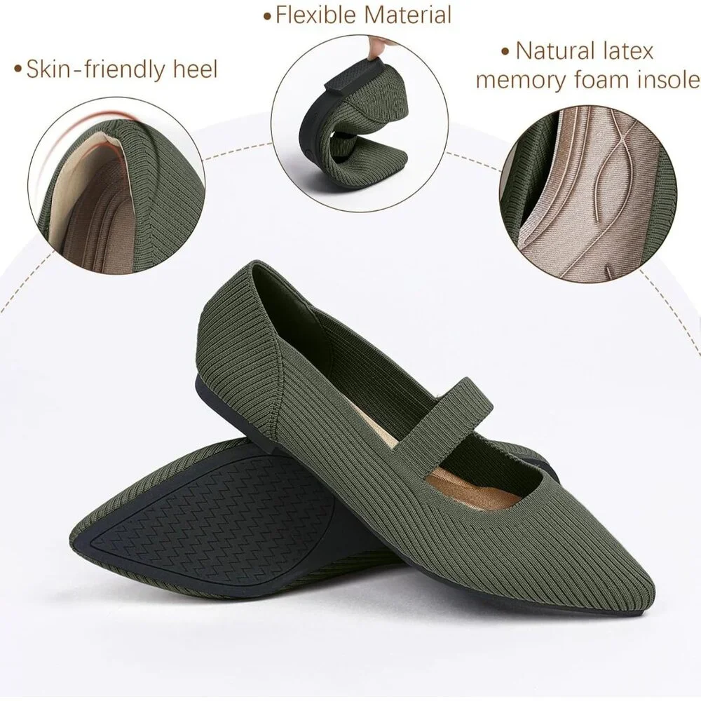 Women's Flats Shoes Pointed Toe Ballet Comfortable Dressy Mary Jane Flat Green - Picture 2 of 6